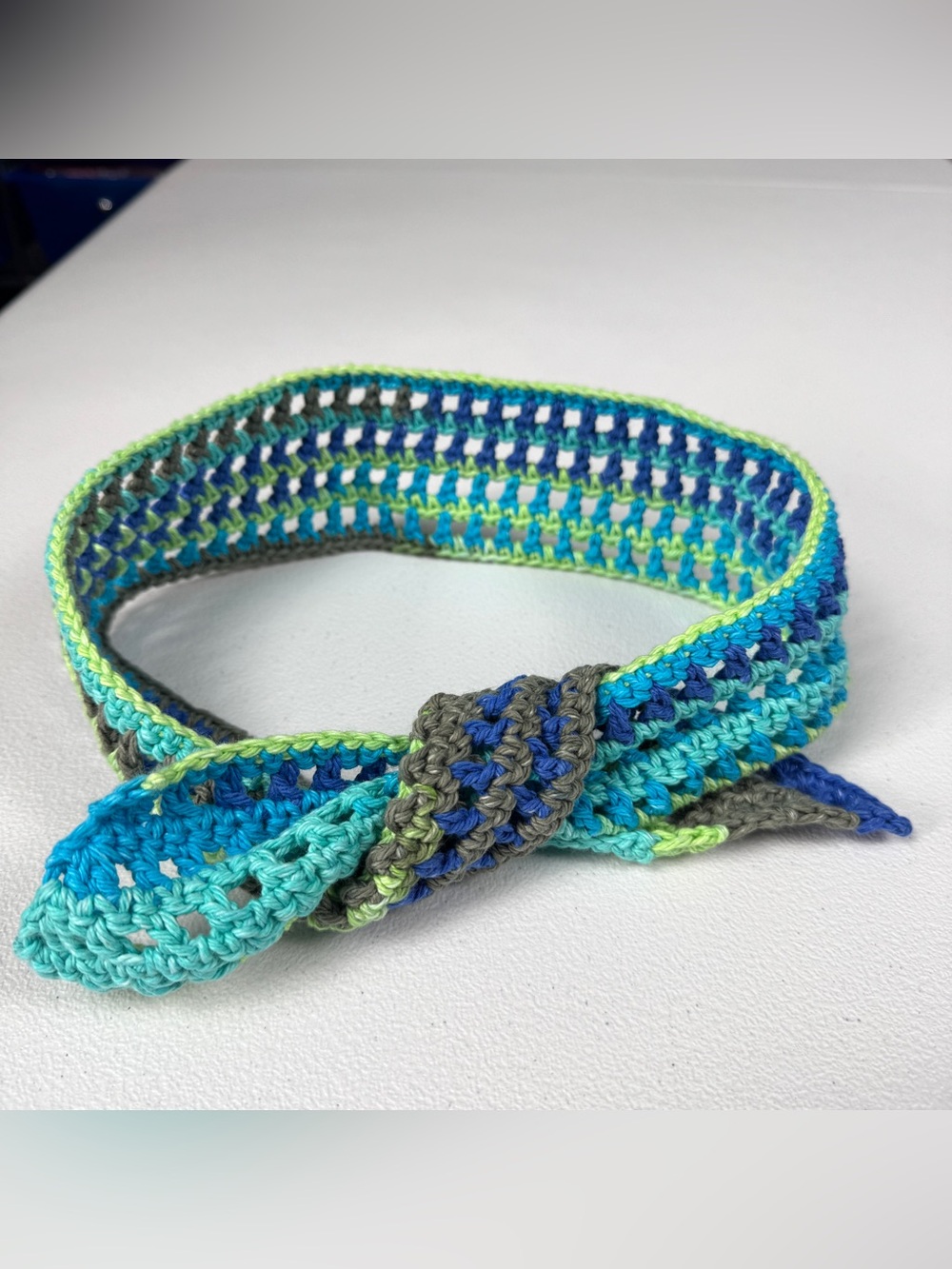 Handmade Crochet Tie Headband in Teal, Blue, Green & Gray